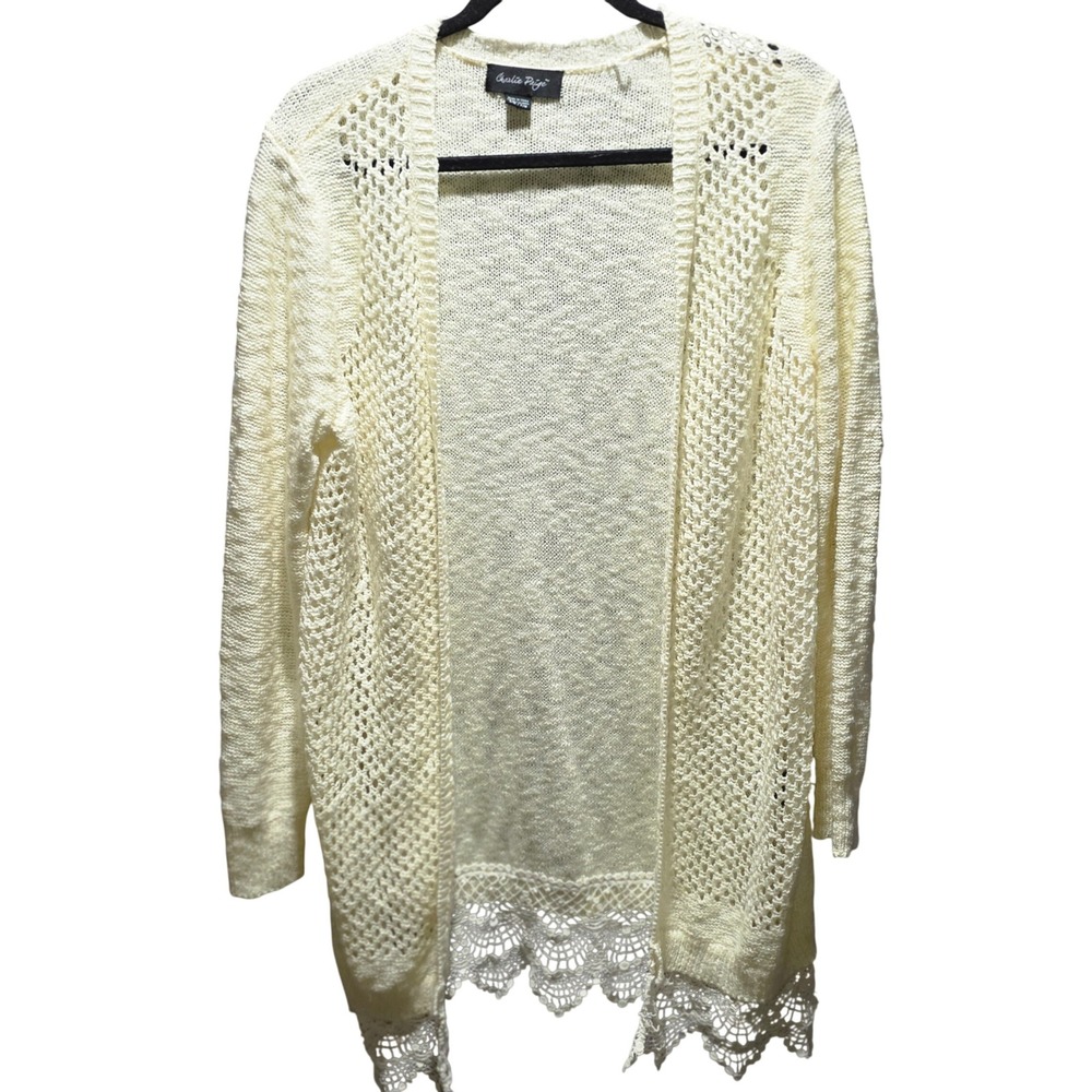 Charlie Paige Cream Crochet Lace Trim Open Front Cardigan Sweater Women S M